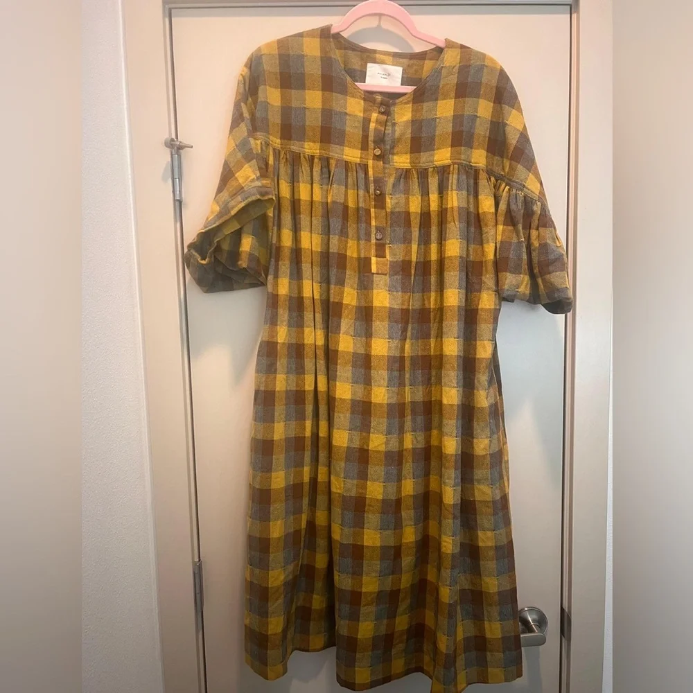 Girls' Yellow & Brown Plaid Button-Front Dress